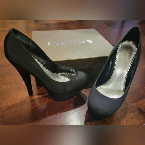 bebe Shoes - Bebe Tristan Black Satin Heel